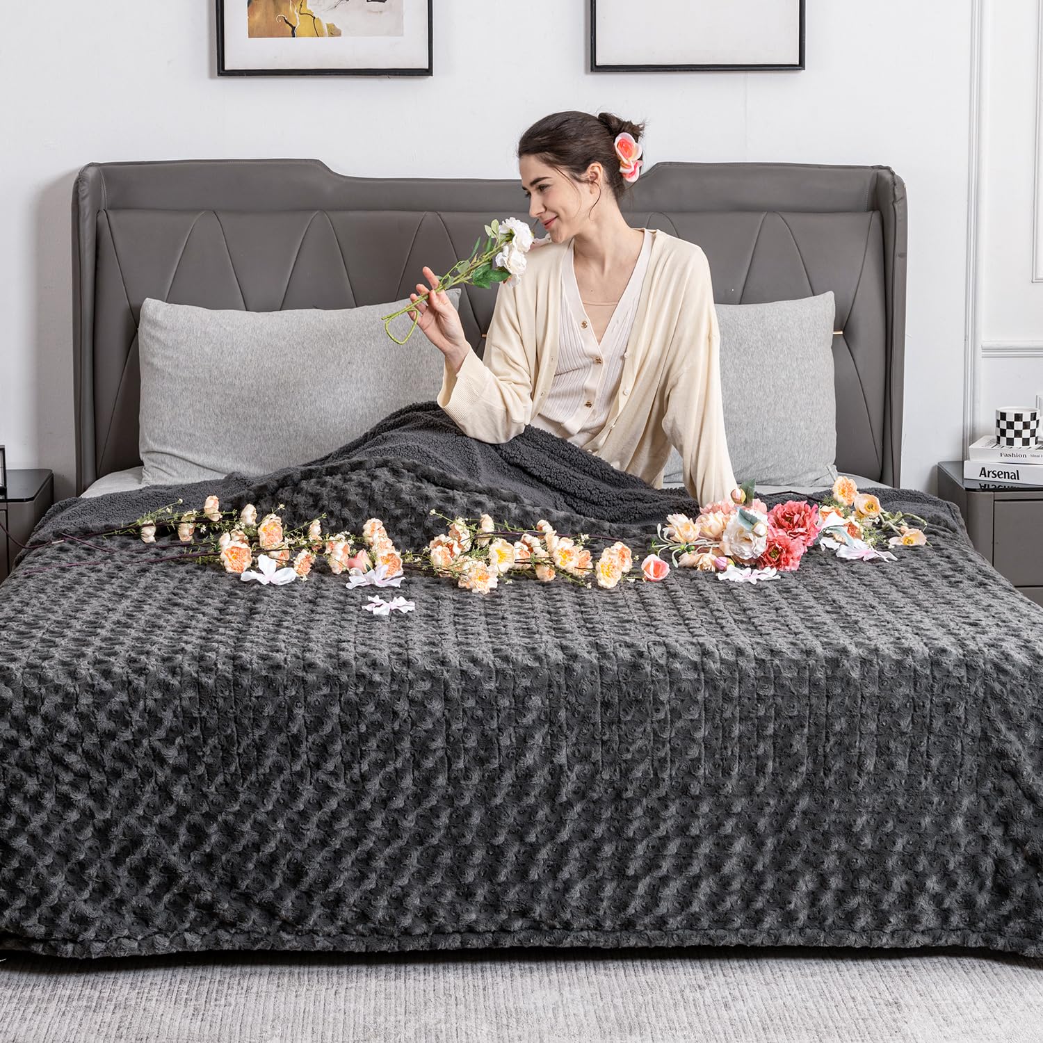 Photo 1 of WOOMER Electric Heated Blanket, 77"x 84" Full Size Heating Blanket, Rose Flower Patterns Faux Fur & Soft Sherpa, 4 Heating Levels & 4H Auto Off, ETL Certified, Machine Washable, Dark Grey