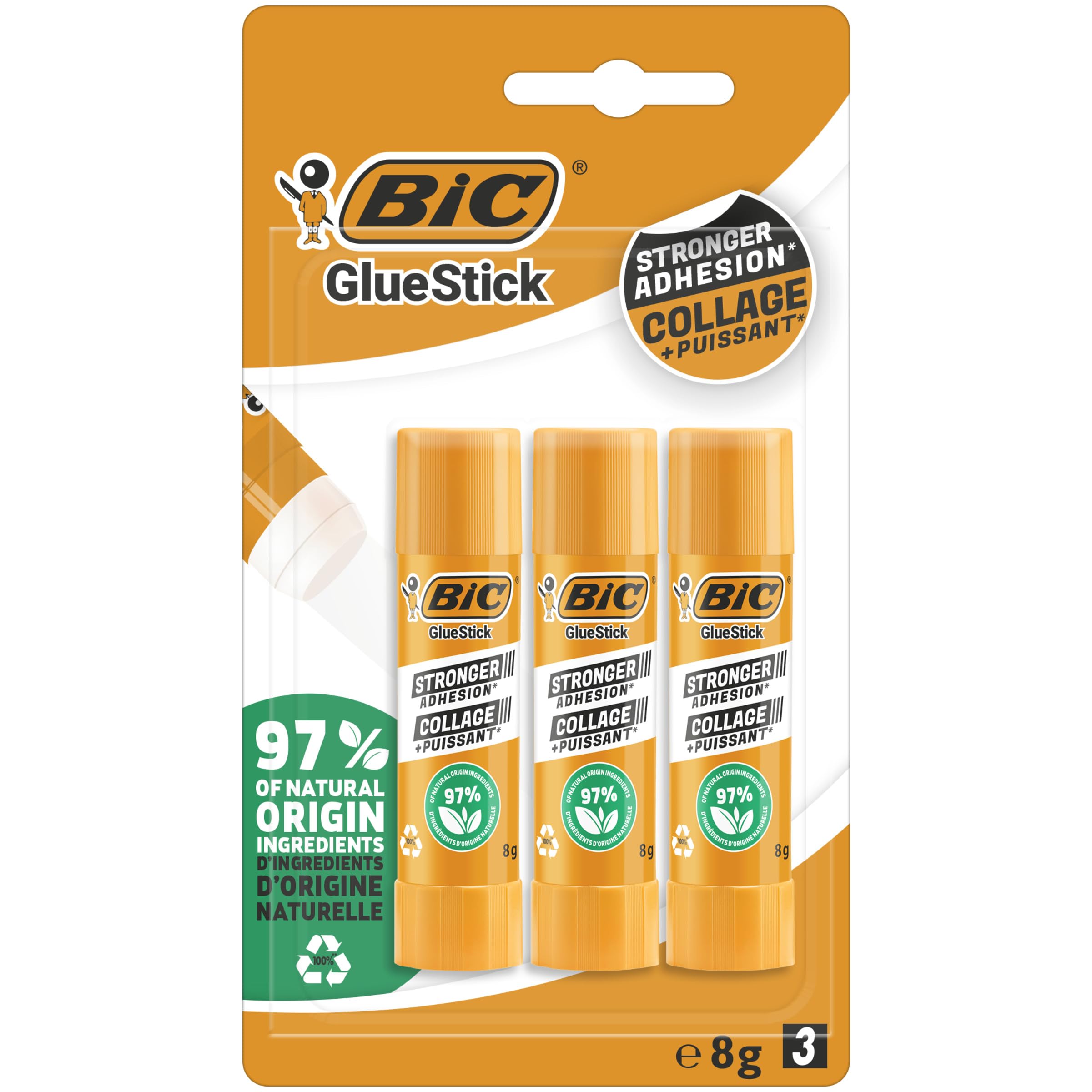 BIC ECOlutions Glue Sticks - Pack of 3, 8 g Glue Sticks - Ultra-Clean and Washable - Solvent Free with 100% Recycled Plastic Dispenser