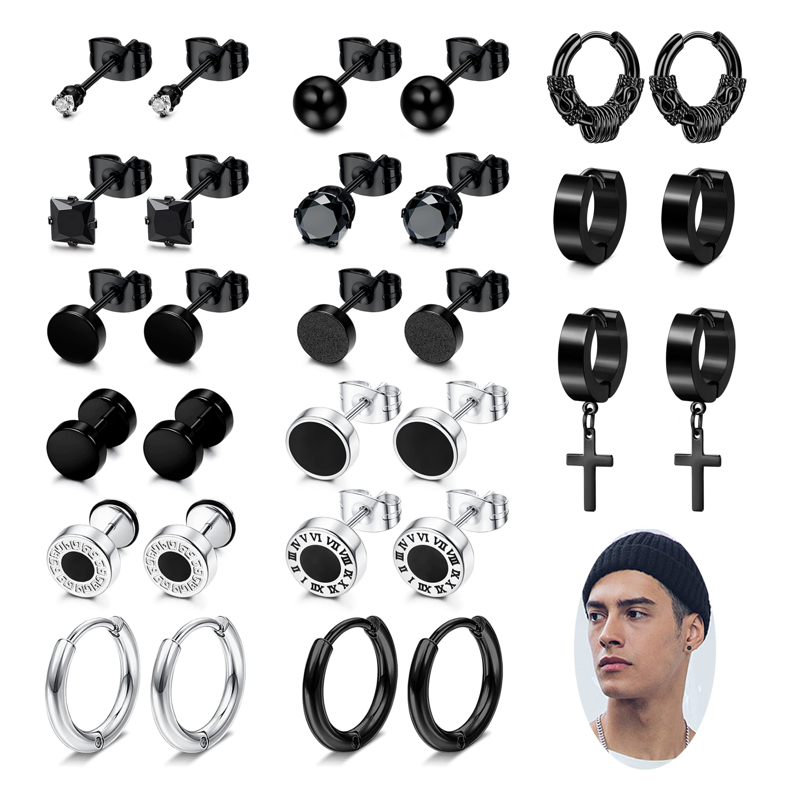 Kakonia 15 Pairs Stud Hoop Earrings for Men Women Stainless Steel Silver Black Mens Small Plain Stud Hoop Earrings Huggie Dangle Hinged Cross CZ Ear Body Piercing Jewellery Set