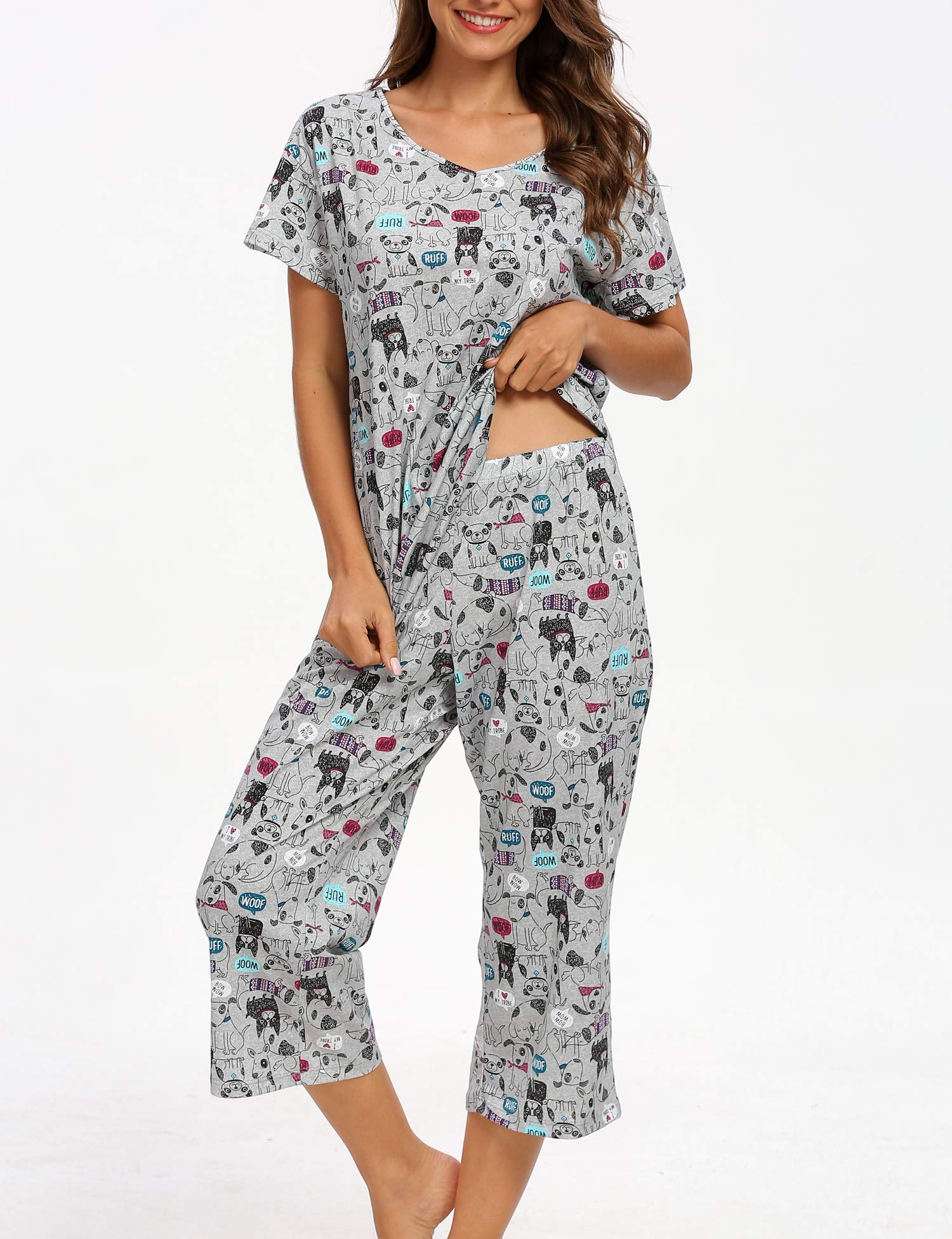 ENJOYNIGHT Women\'s Cute Sleepwear Tops with Capri Pants Pajama Sets (Dog, Medium)