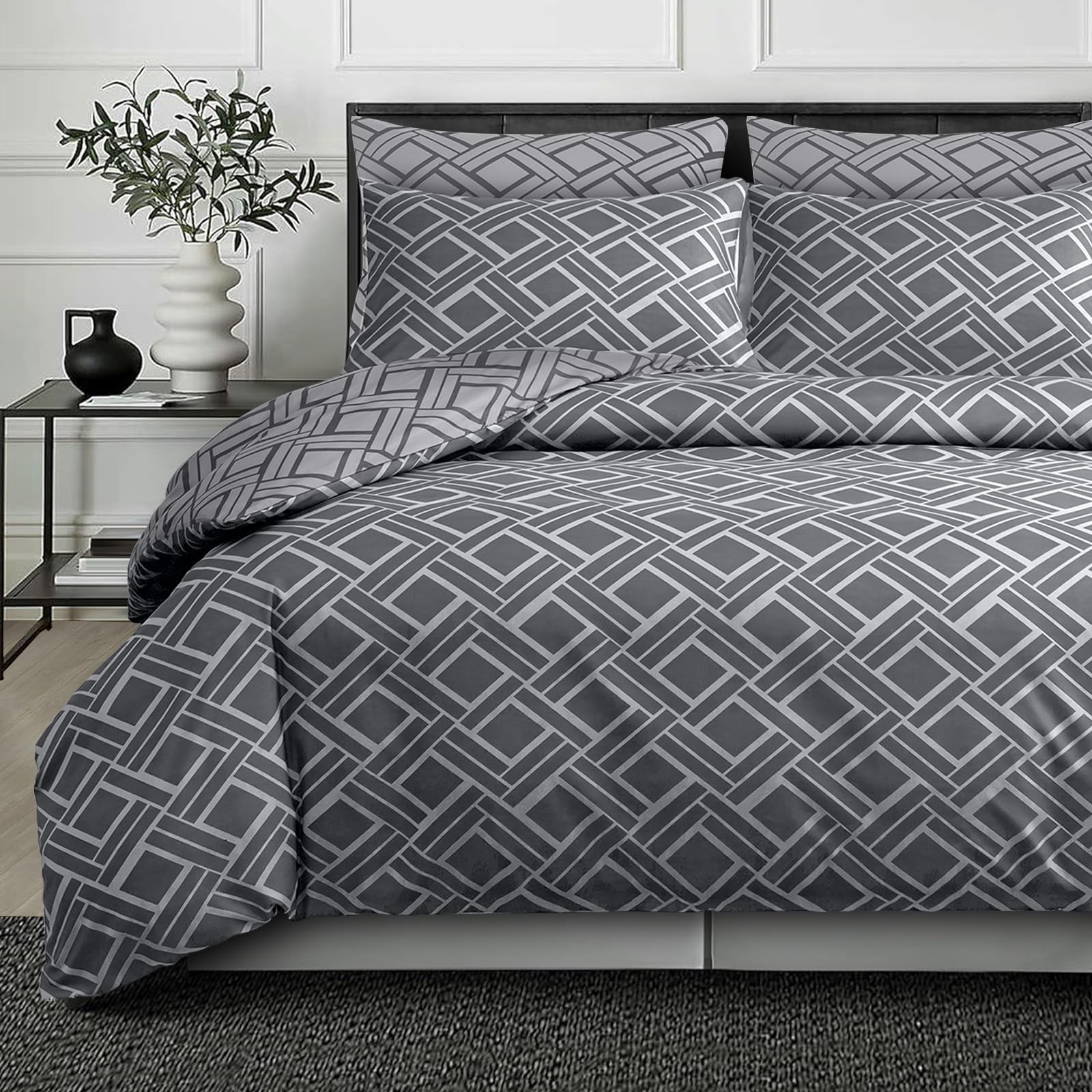 DEKORO Super King Duvet Set - Reversible Premium Microfibre Bedding Sets Superking - Double Brushed Quilt Cover Grey Checkered