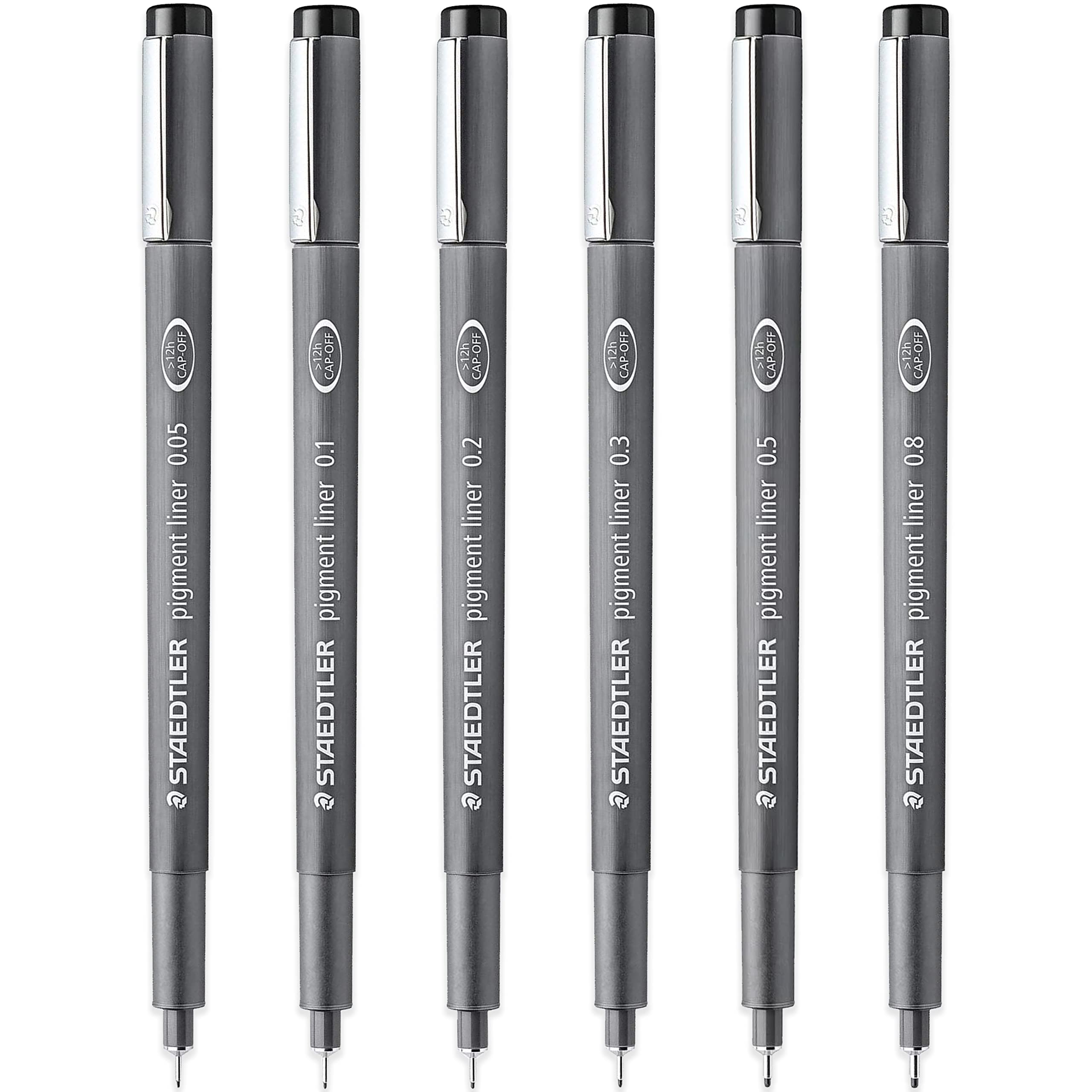 STAEDTLER 308 Pigment Liner Fineliner Pen - 0.05mm, 0.1mm, 0.2mm, 0.3mm, 0.5mm & 0.8mm Nibs - Black Ink - Pack of 6