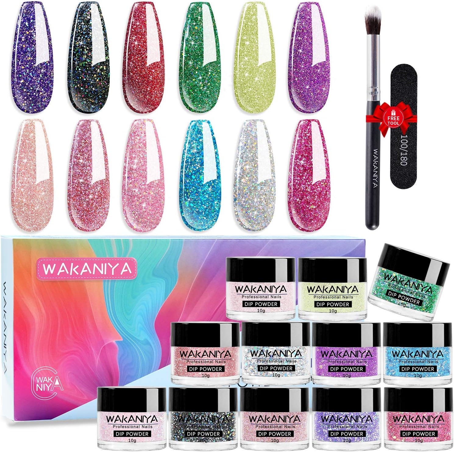 Wakaniya Holographic Glitter Nail Dip Powder 12 Colors Set Starter Kit