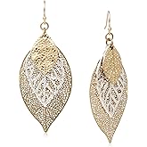 POMINA Choco Gold Fashion Fall Leaf Boho Earrings Gold Silver Two Tone Filigree Leaf Dangle Drop Earrings for Women Jewelry Gifts