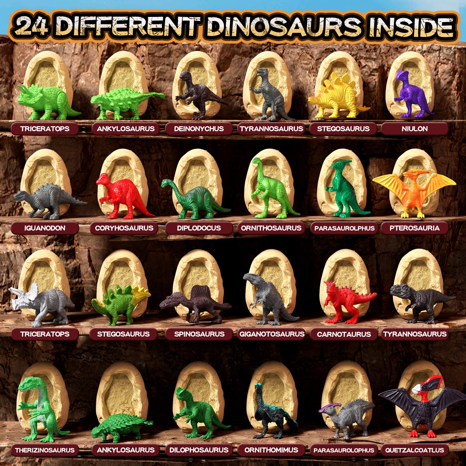 24 Dinosaur Eggs Dig Kit Toys for Kids, Surprise Dinosaur Eggs Excavation Kit with Magnifier, Science STEM Birthday Party Favors Easter Gifts for Boys Girls Age 3 4 5 6 7 8 9 10 + Years Old