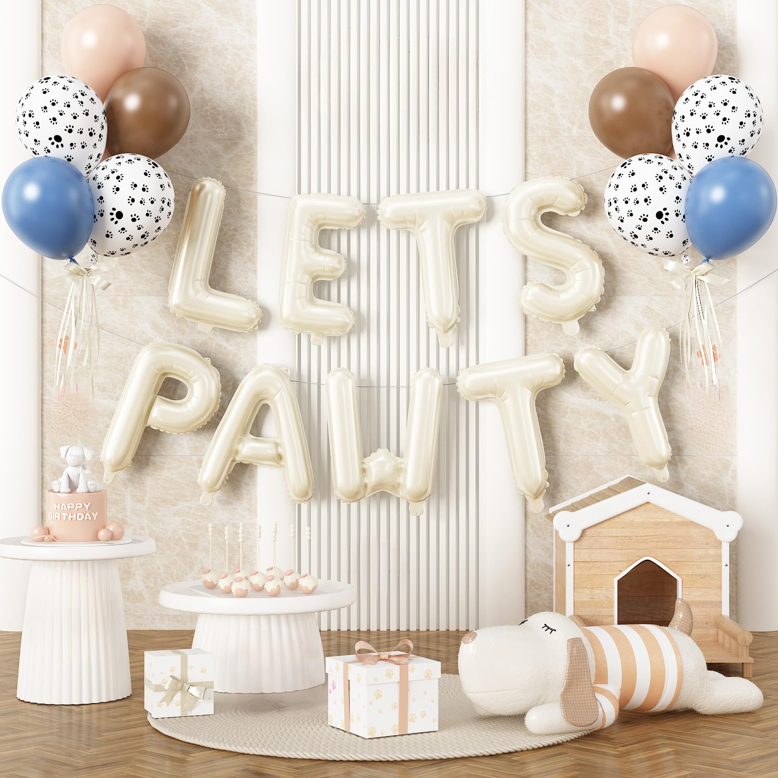 Paready Lets Pawty Dog Balloons Set, 19 Pcs 16 Inch Cream Lets Pawty Foil Balloons Banner, Blue Brown Orange Latex Balloon Print Balloon for Pet Dog Birthday Party Decorations