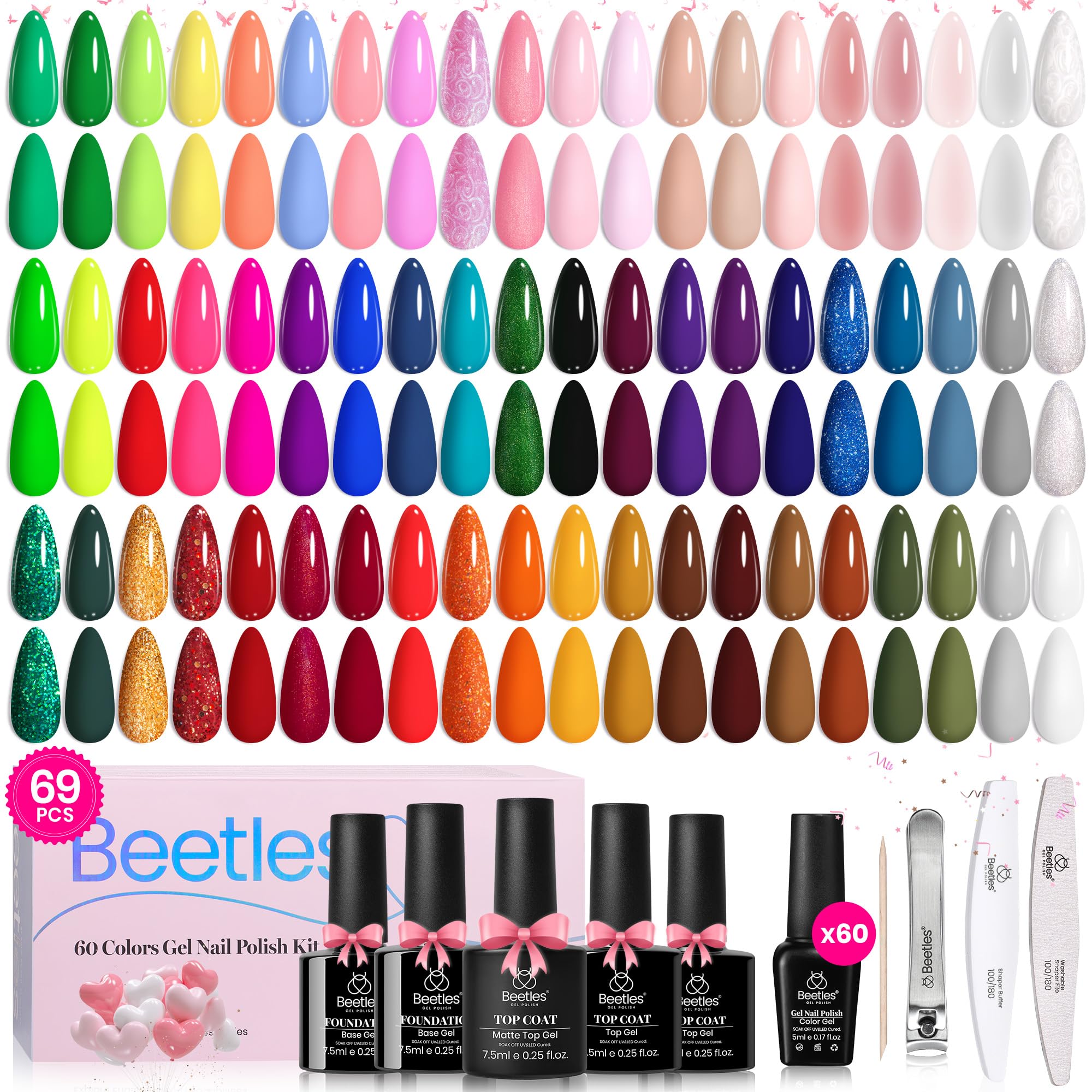 Photo 1 of Beetles Gel Nail Polish Set, 69 PCS 60 Colors Spring Gel Nail Polish Kit Neno Pastel Jelly Glitter Nude Pink White Red Blue Green Brown Base Coat Glossy Matte Top Coat Gel Valentines Gift for Women
