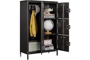 BYNSOE Metal Locker Storage Cabinet, 55.11” Employees Locker Wardrobe Industrial Steel Storage Cabinet with Hanging Rod Bar, Shelves and 4 Lockable Doors Vintage Locker for Home, School, Office, Gym