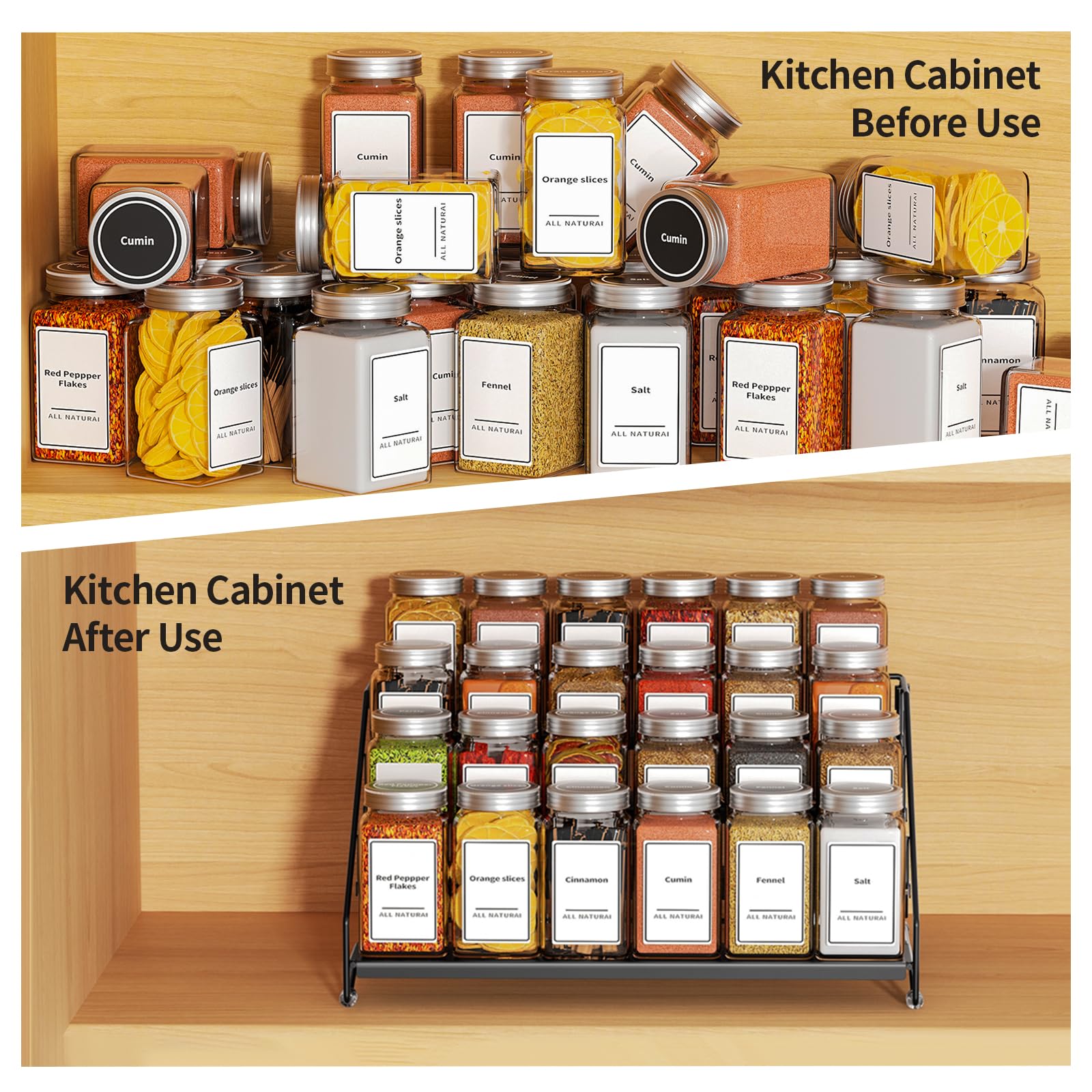 4 Tier Spice Rack for Cabinet, Spice Rack Organizer, Depth Adjustable Spice Holder for Countertop, Cupboard, Pantry, Seasoning Shelf, Metal, Black (1 Pack)