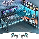 Cyclysio L Shaped Gaming Desk, Small Computer Desk with Power Outlets & LED, Reversible Game Desk with Monitor Stand & Booksh