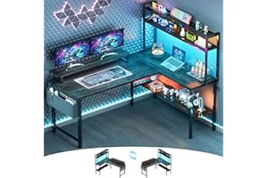 Cyclysio L Shaped Gaming Desk, Small Computer Desk with Power Outlets & LED, Reversible Game Desk with Monitor Stand & Booksh