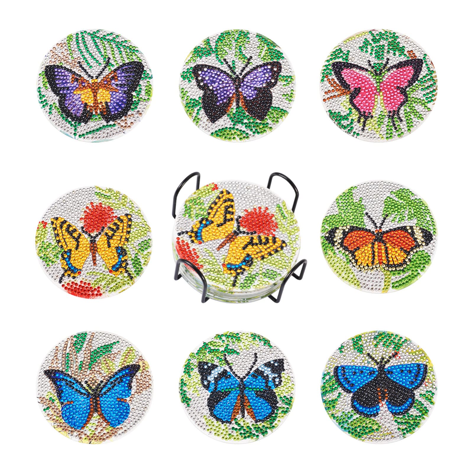 Beadthoven 8pcs Diamond Painting Coasters with Holder Butterfly Diamond Art Cup Mat Kits with Tools for DIY Cup Drinks Coasters Desktop Decorations