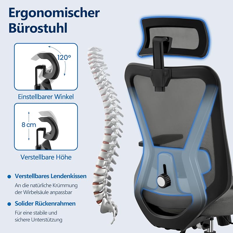Bürostuhl ergonomischer schreibtischstuhl mit Verstellbarer Kopfstütze & Lendenwirbelstütze, atmungsaktiver Netzstuhl mit breitem Sitz, S-förmige Rückenlehne, 360° drehbar Schwarz