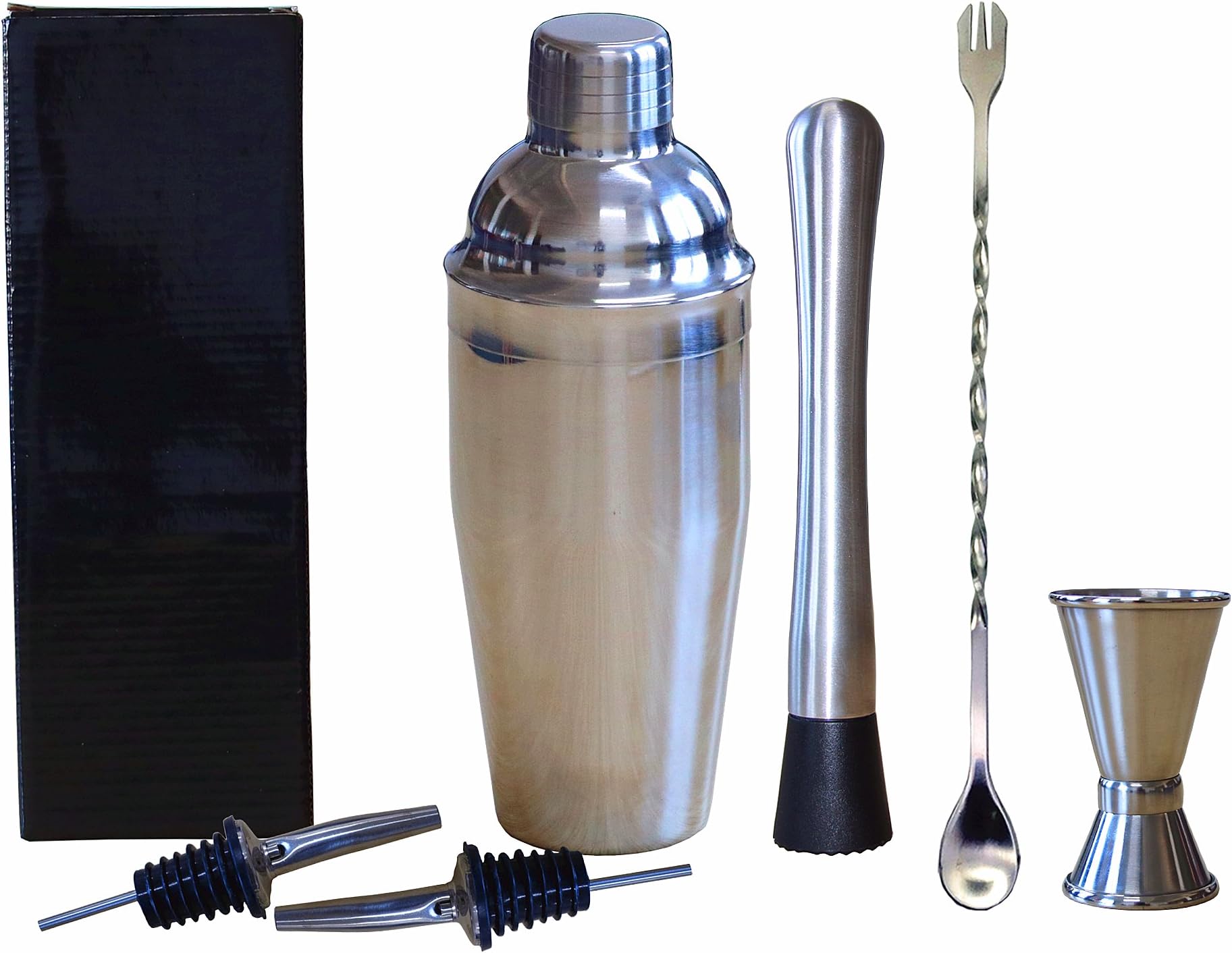 Meour Cocktail Shaker Set - 6 Piece Stainless Steel Bartender Kit - Martini/Drink Mixer with Built-in Strainer plus Muddler plus Mixing Spoon plus Jigger and 2 Liquor Pourers