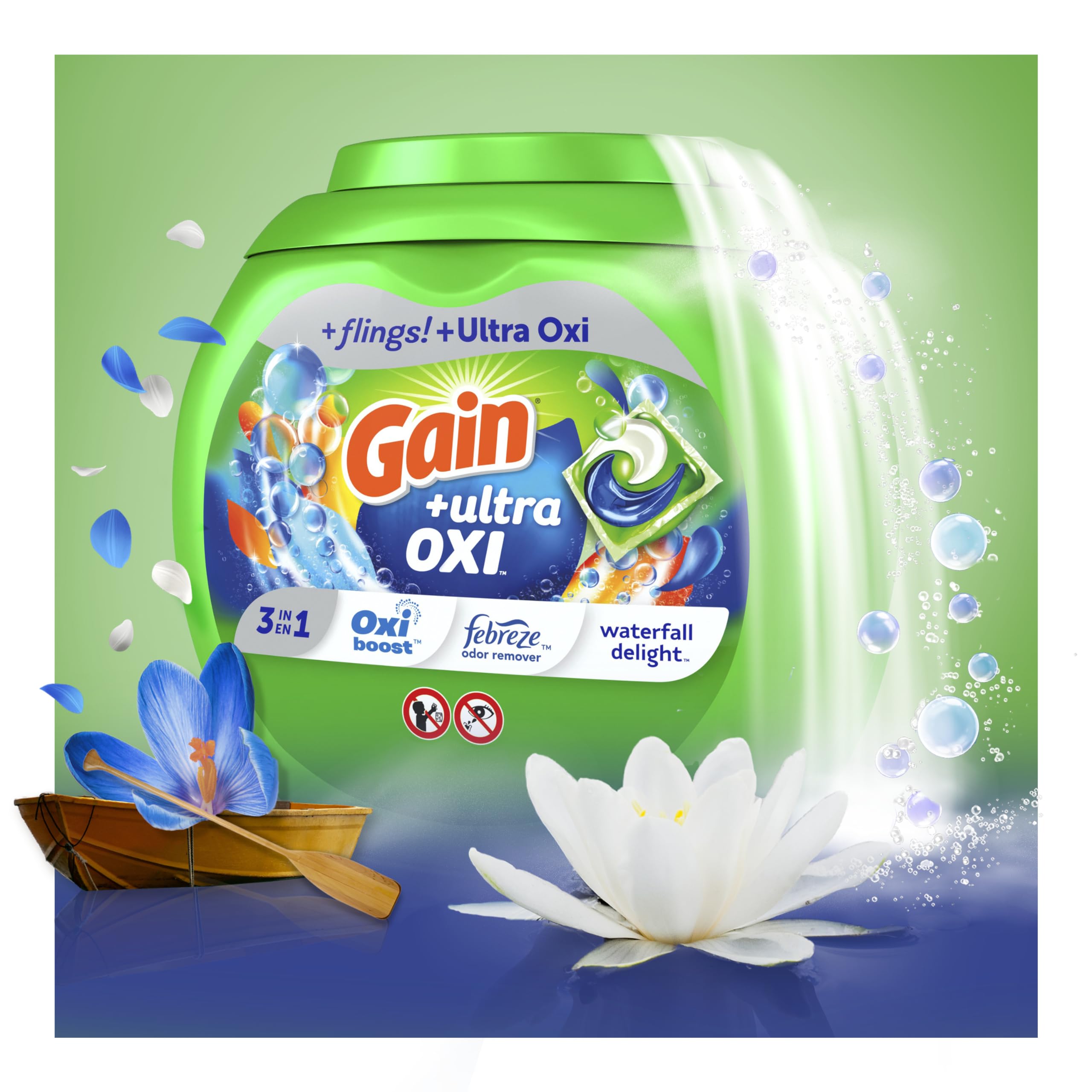Gain flings Ultra Oxi Laundry Detergent Pacs 3-in-1 HE Compatible, Waterfall Delight Scent, 76 Count