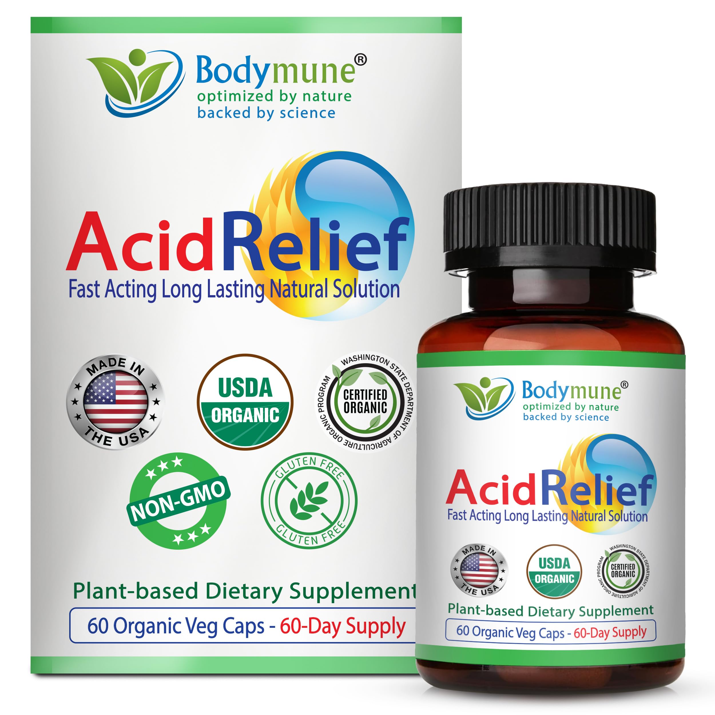 Bodymune AcidRelief Acid Tamer | Promotes Stomach Comfort & Digestive Wellness* | Organic Herbal Blend for Gut Health* | 60 Capsules | Made in USA, USDA Organic, Vegan, Non-GMO, Gluten-Free
