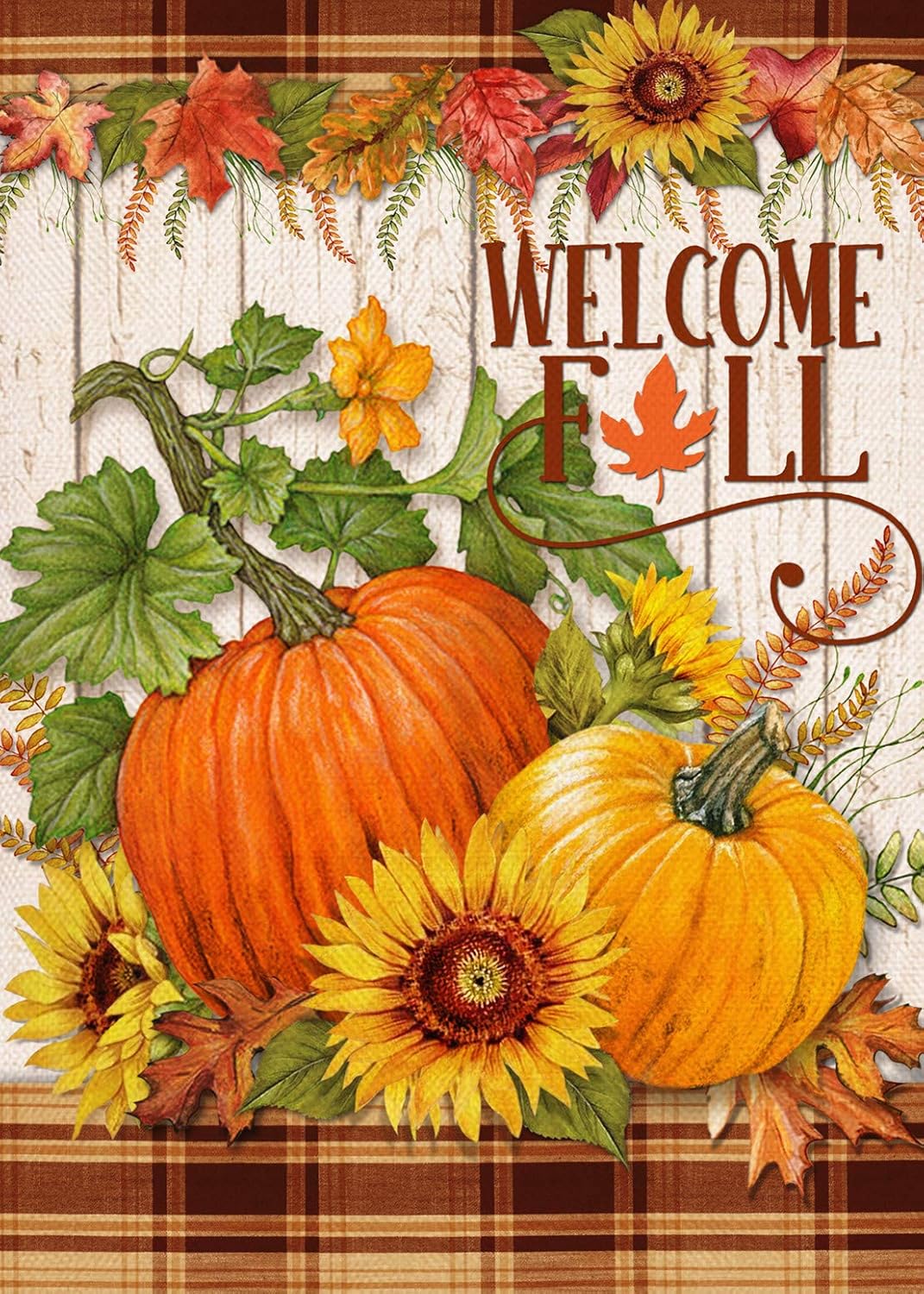 Covido Home Decorative Welcome Fall Garden Flag, Pumpkins Sunflowers House Yard Buffalo Plaid Check Decor, Autumn Harvest Outside Decorations Seasonal Outdoor Small Burlap Flag Double Sided 12 x 18