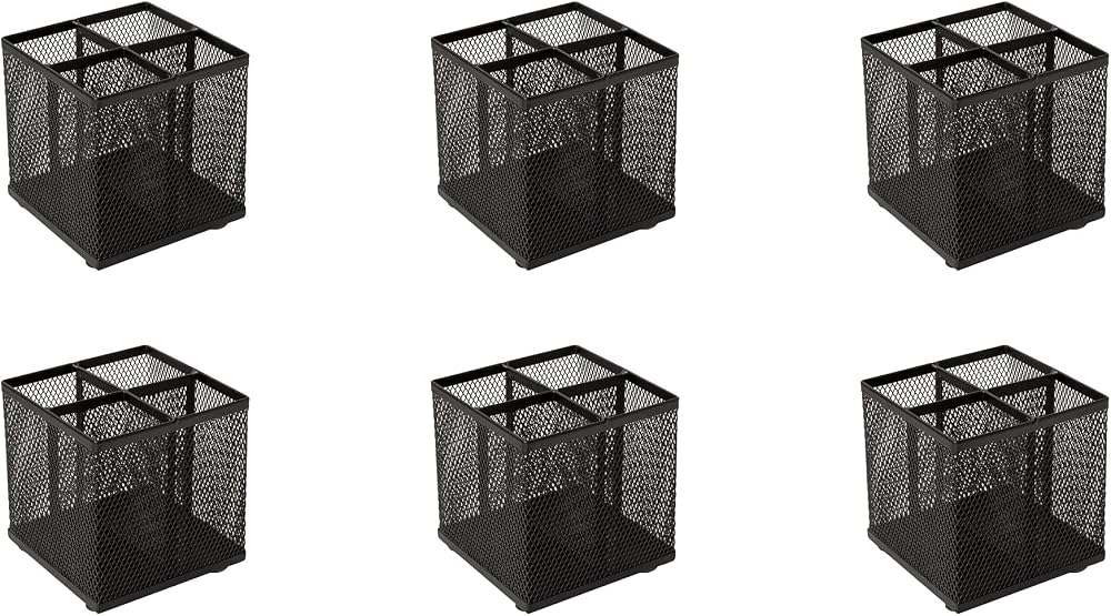 Osco Black Wiremesh Square Pen Pot 4 Compartments Desk Organizer 6 Pack