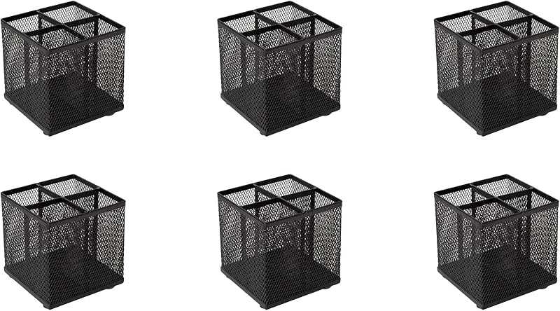 Osco Black Wiremesh Square Pen Pot 4 Compartments Desk Organizer 6 Pack