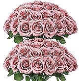 LVEFIT Artificial Rose Flower Dusty Rose Flowers Silk Flowers 50 pcs with Long Stem Silk Roses Bouquet for Wedding Bridal Shower Party Home Decoration