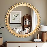 Wood Round Mirror with Wood Beads, 24 inch Circle Wall Mirror for Living Room Wall Decor, Bathroom, Entryway, Bedroom, Farmho