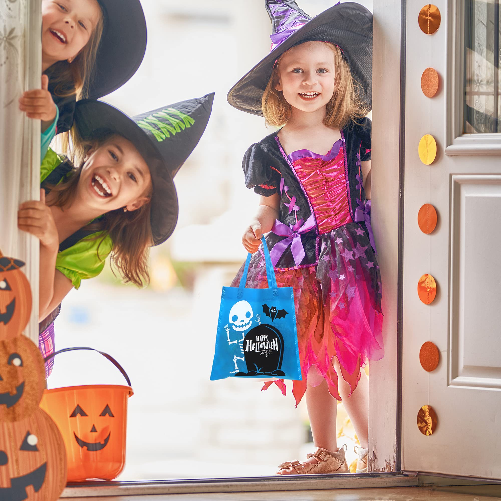 JOYIN 32 Non-Woven Halloween Tote Gift Bags Colorful for Kids, 6 Patterns Design Trick or Treat Bags for Kids Classroom Party Favor Supplies, Reusable Goody Candy Bag, Halloween Snacks Goodie Bag Bulk