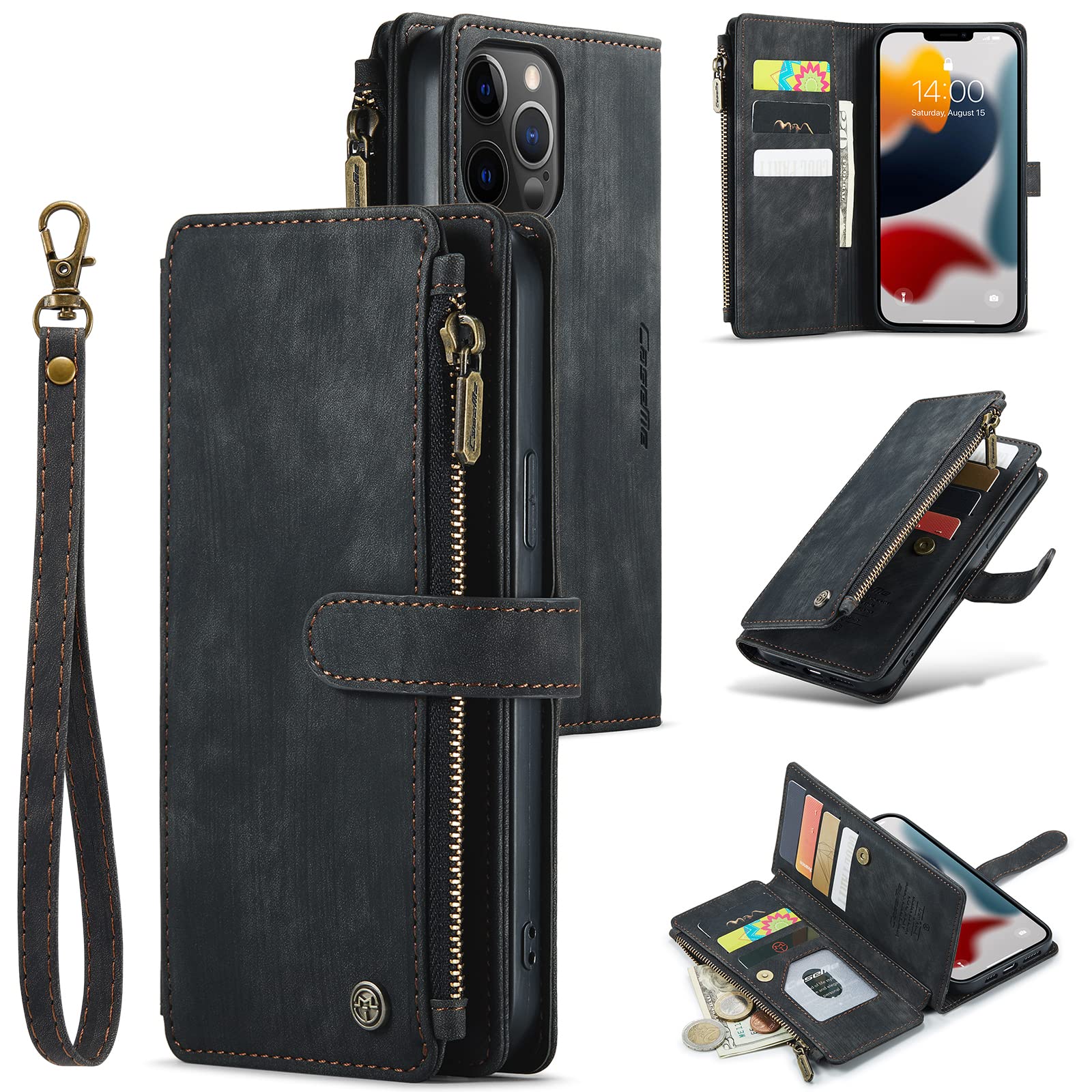 UEEBAI Wallet Case for iPhone 12 Pro Max 6.7 inch, Premium Handmade PU Leather Phone Case Card Slots Magnetic Closure Zipper Pocket Kickstand Flip Case with Hand Strap - Vintage Black