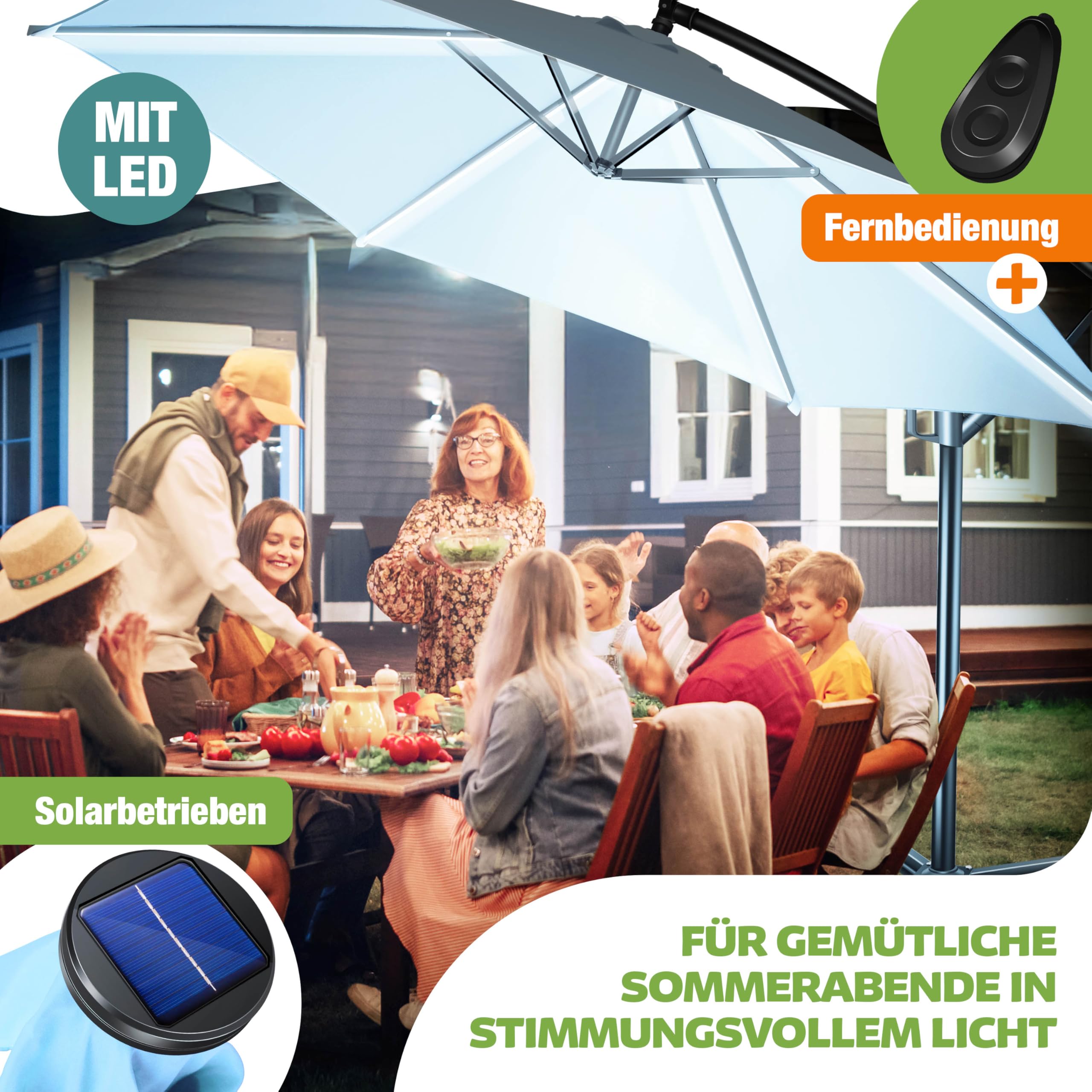 KESSER® Sonnenschirm Solar Ø 300 cm/Ø 350 cm mit LED Beleuchtung, Ampelschirm mit Kurbel, Garten, Sonnenschutz, Gestell & Ständer aus Alu, UV-Schutz, wasserdicht + Windfest, 360° Funktion + Hülle 8
