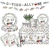 Ofishally One Birthday Decorations Tableware,142pcs O Fishally One First Birthday Decorations Gone Fishing Plates and Napkins Cups Tablecloth for Boys 1st Party