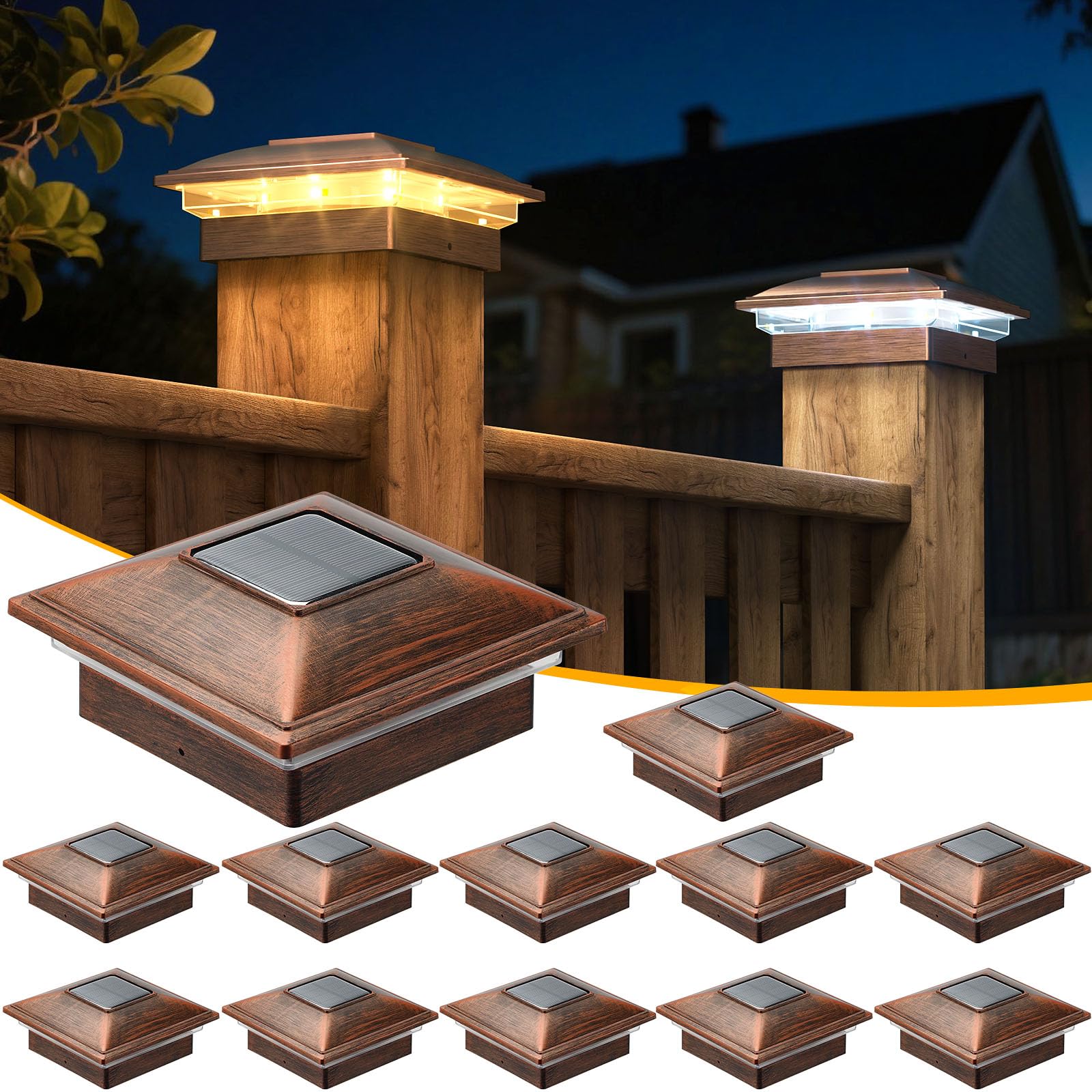 Photo 1 of APONUO 12 Pack Fence Post Solar Lights, 2 Modes(Warm/Cool Light) Outdoor Waterproof 4x4 Post Solar Lights, Solar Powered Garden, Patio, Deck Decor for 4x4, 5x5, 5.5x5.5 Wood & Vinyl Posts, Copper