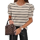 SAMPEEL Short Puff Sleeve Sweaters for Women Knit Tops 2026 Trendy Crewneck Striped T Shirts Casual Summer Blouses