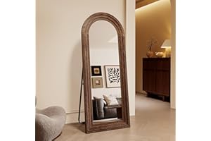 Arched Walnut Floor Full Length Mirror with Stand, 63"X24" Farmhouse Oversized Stand Up Mirrors,Large Wall Mirrors for Bedroo