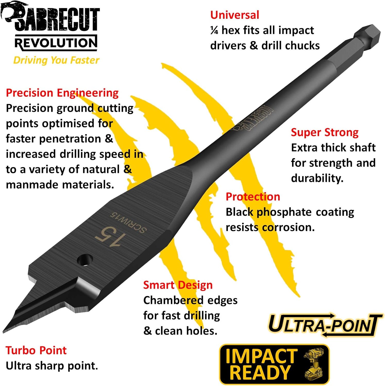 3 x SabreCut SCRIW15_3 15mm x 152mm Impact Rated Flat Wood Spade Bits for Softwood Hardwood Chipboard - Image 3
