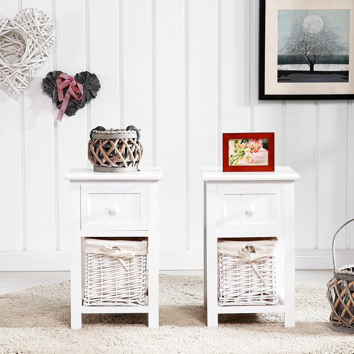 Amazon Com Suncoo Small Cute Vintage Wood Chic Nightstand End Side Bedside Wicker Storage Set Of 2 With Drawer And Basket 12x11x17 7 Kitchen Dining