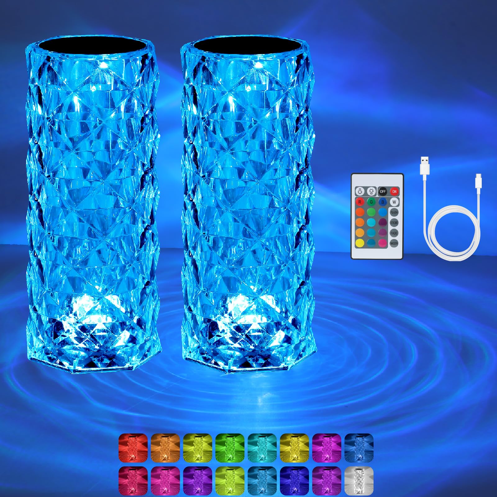 2Pack Crystal Diamond Rose Table Lamp, RGB LED Night Light with Touch and Remote Control, Bedside Lamps Nightstand Lamps, Dimmable, USB Rechargeable, Romantic Lighting Decoration for Home, Office