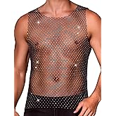 Lars Amadeus Rhinestones Sparkly Tank Top for Men's Shiny Mesh Sleeveless Tee Shirt Rave Sheer Metallic Vest