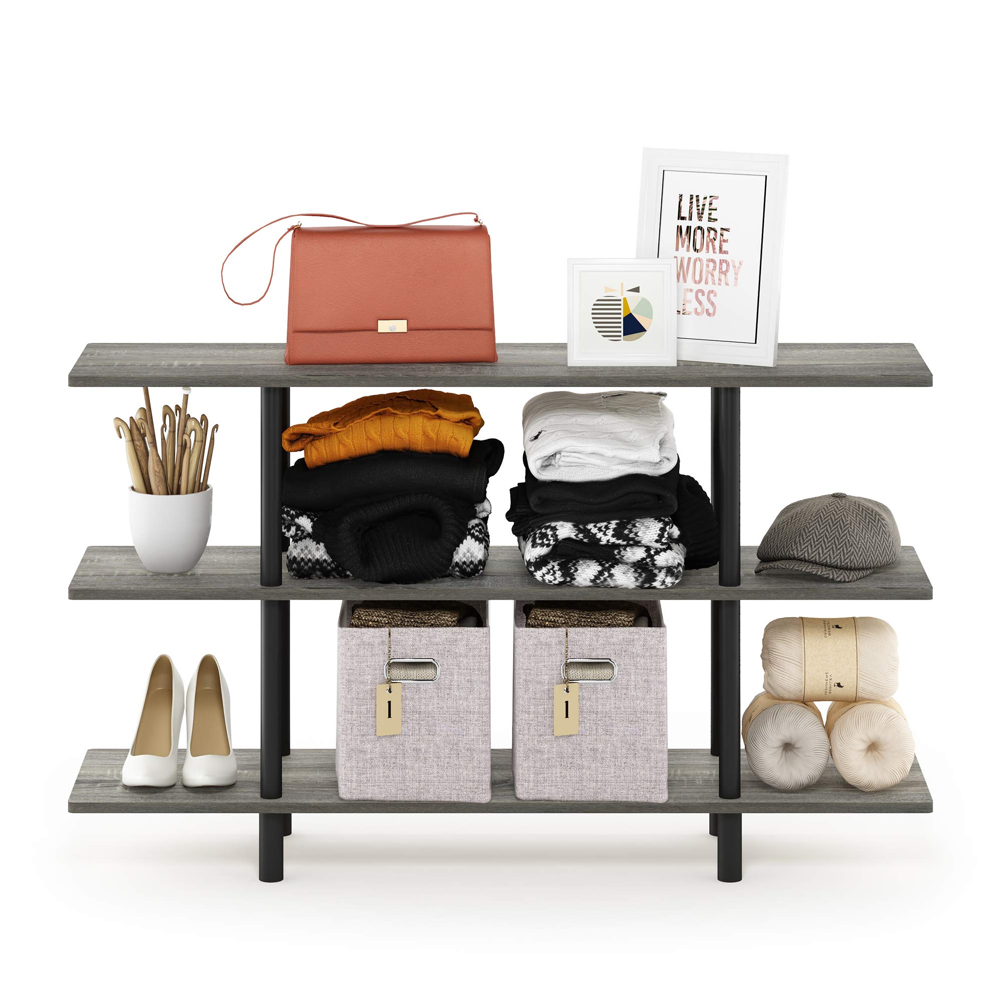 Furinno Turn-N-Tube 3-Tier Wide Display Shelf, French Oak Grey/Black