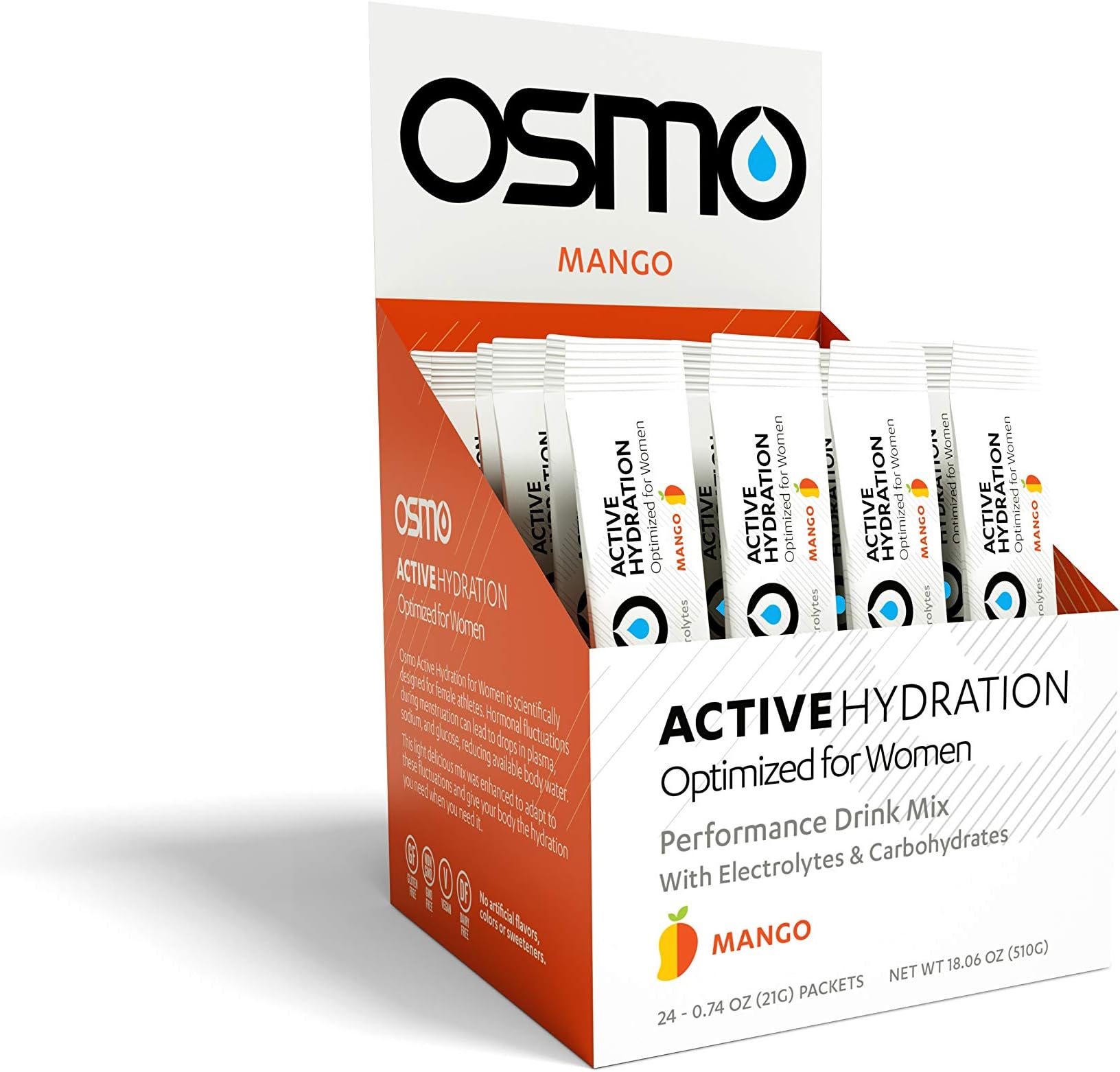 OSMO Nutrition - Active Hydration For Women - During-Exercise Hydration Powdered Drink Mix - Avoid Premenstrual Performance Decline - Improve Power Output & Endurance - Mango - 24 Single Servings