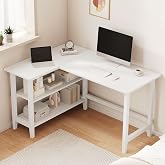 IOTXY 45" Reversible L-Shaped Office Desk with Storage Shelves, White | Solid Rubberwood Legs, 0.6" MDF Desktop, Reversible 2-tier Shelves, Compact Corner Computer Table for Small Spaces