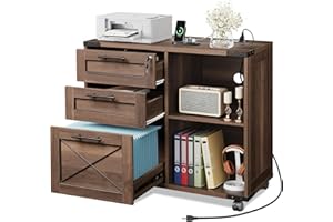 DEVAISE Wood File Cabinet with Charging Station, Mobile Lateral Filing Cabinet with Lock for Home Office, Printer Stand with Open Storage Shelves, Dark Brown