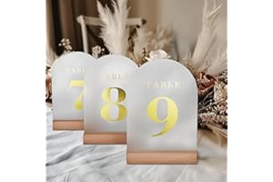 ORGANTEAM Wedding Table Numbers 1-10, Acrylic Arch Signs with Natural Wood Stands Holders, Rustic Table Decor for Reception & Parties (Frosted Gold)