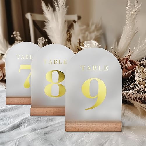 ORGANTEAM Wedding Table Numbers 1-25, Acrylic Arch Signs with Natural Wood Stands Holders, Rustic Table Decor for Reception & Parties (Frosted Gold)