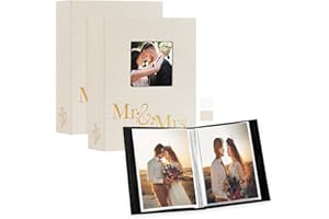 Lanpn Wedding Photo Album 4x6 2 Packs, Each Pack holds 50 Pictures, Slip in Pockets Mini Linen Top Loading Wedding Window Photo Albums for Portrait Only 4x6 Picture (Mr & Mrs, Beige)