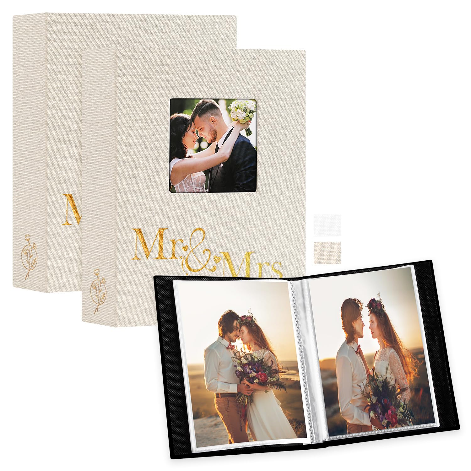 Lanpn Wedding Photo Album 6x4 2 Packs, Each Pack holds 50 Pictures, Slip in Pockets Mini Linen Top Loading Wedding Window Photo Albums for Portrait Only 10x15cm Picture (Mr & Mrs, Beige)