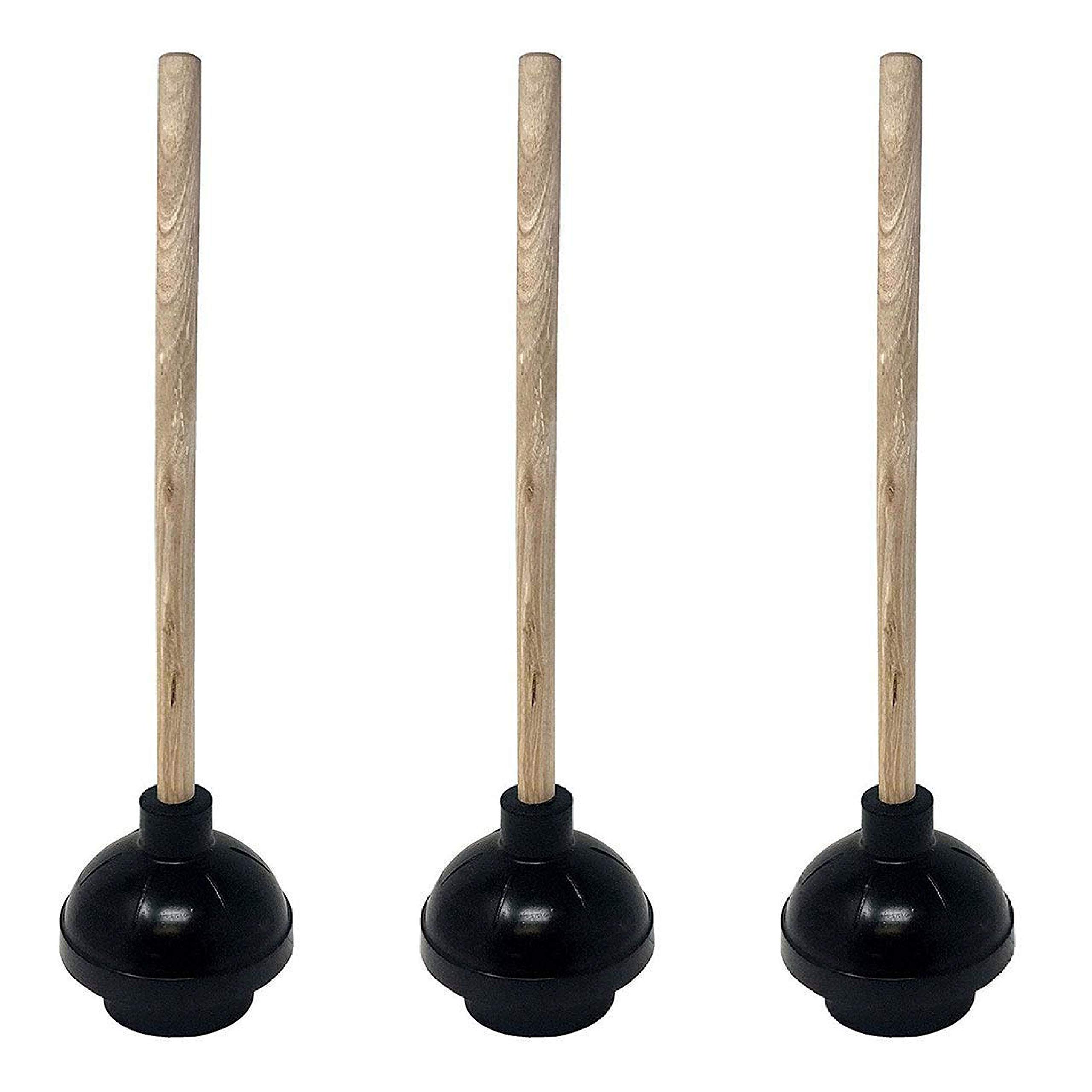 Heavy Duty Black Toilet Plunger with Double Thrust Force Suction Cup, Long Wooden Handle & Large Suction Cup, Clogged Toilet Solution for Bathroom - Set of 3