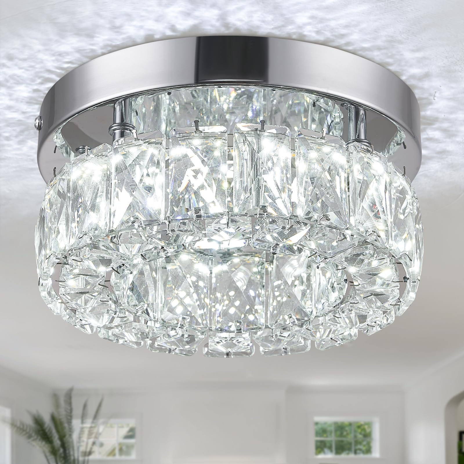 Photo 1 of 7.9 Inch Modern Mini Crystal Chandelier LED Flush Mount Ceiling Light - 16W 6000K Cool White, Round Crystal Lamp for Hallway, Kitchen, Bathroom, Bedroom, Laundry (Room) and Dining Room Lighting