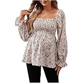 MakeMeChic Women's Maternity Blouse Floral Square Neck Ruffle Sleeve Shirts Peplum Shirred Business Office Work Tops