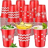 Jingmore 60 Pcs Winter Plastic Cups Bulk 16 oz Snowflake Disposable Winter Party Cups Stripes Polka Dots Drinks Cup for Christmas Holiday Birthday Baby Shower Party Supplies(Red White,Snowflake)