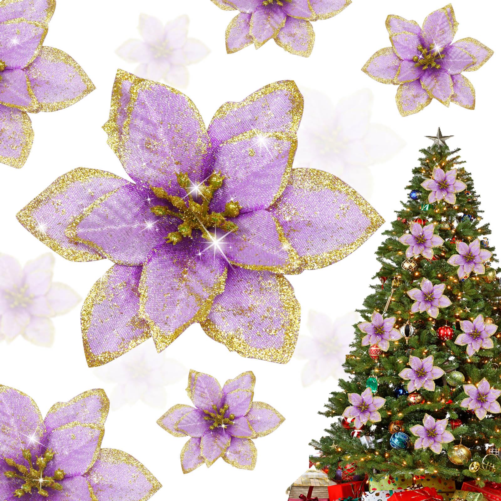 Shining She 10pcs Artificial Christmas Flowers, Glitter Poinsettia Flowers Ornament, Artificial Wreath for Xmas Party Decoration, Xmas Tree Ornaments, Purple