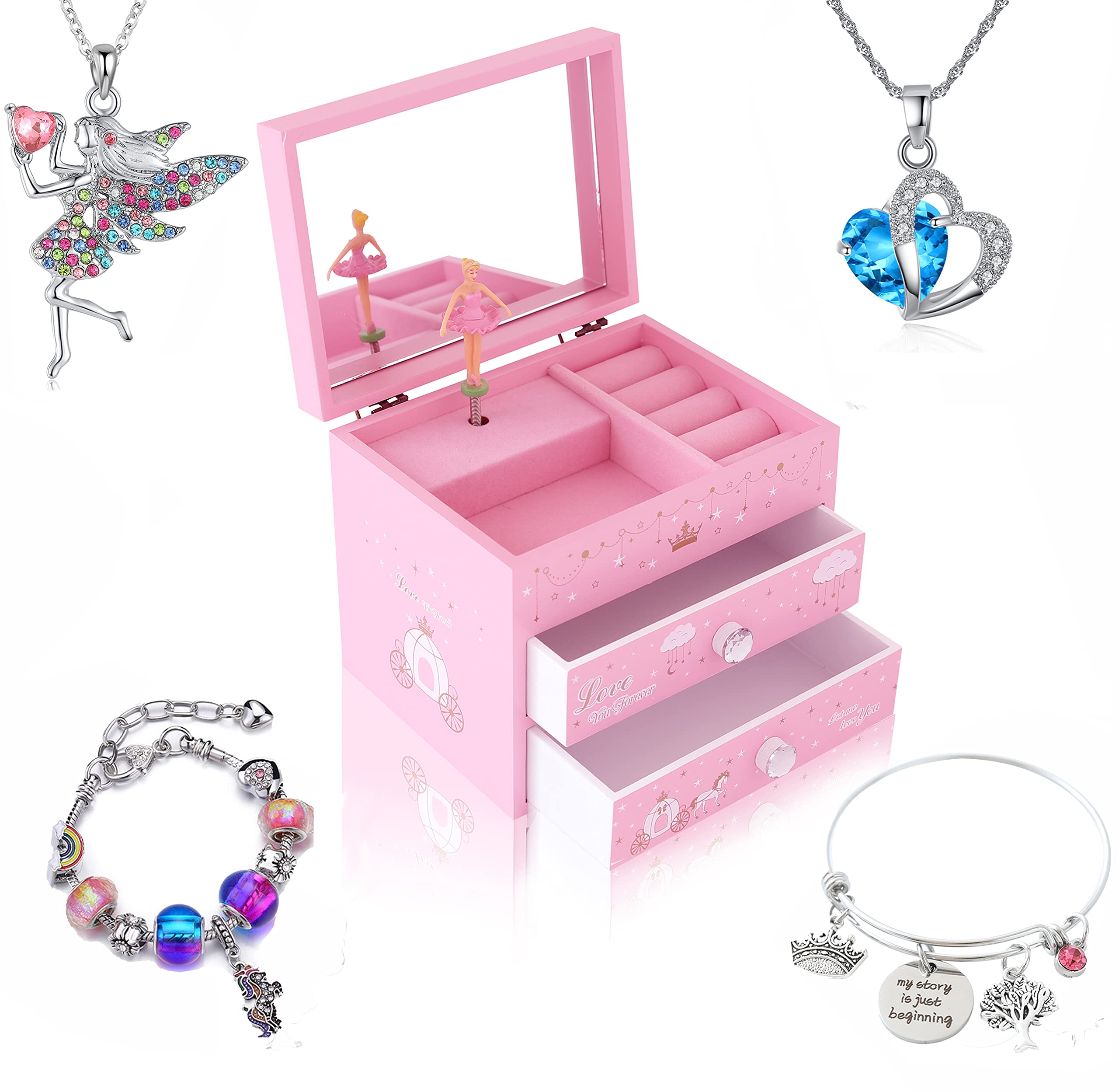 ZOOWING Girl's Wooden Unicorn Musical Jewellery Storage Box with Unicorn Necklace and Bracelet (Princess2)